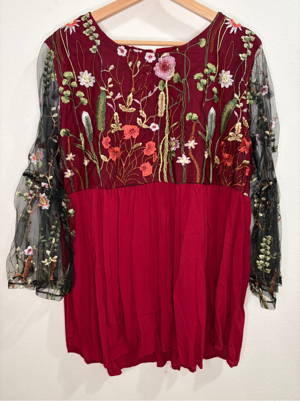 Southern Stitch Floral Embroidered Sheer Bell Sleeve Peasant Tunic - Burgundy